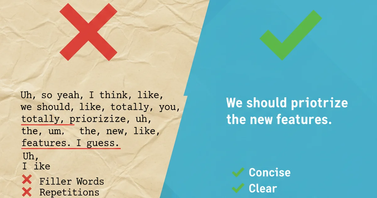 Comparison of raw transcription versus AI-enhanced dictation showing filler word removal and grammar correction