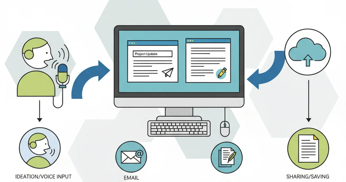 Productivity workflow showing voice dictation for email composition and document writing on Windows