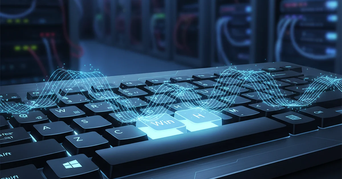 Windows keyboard showing Win+H voice typing shortcut activation with voice wave visualization