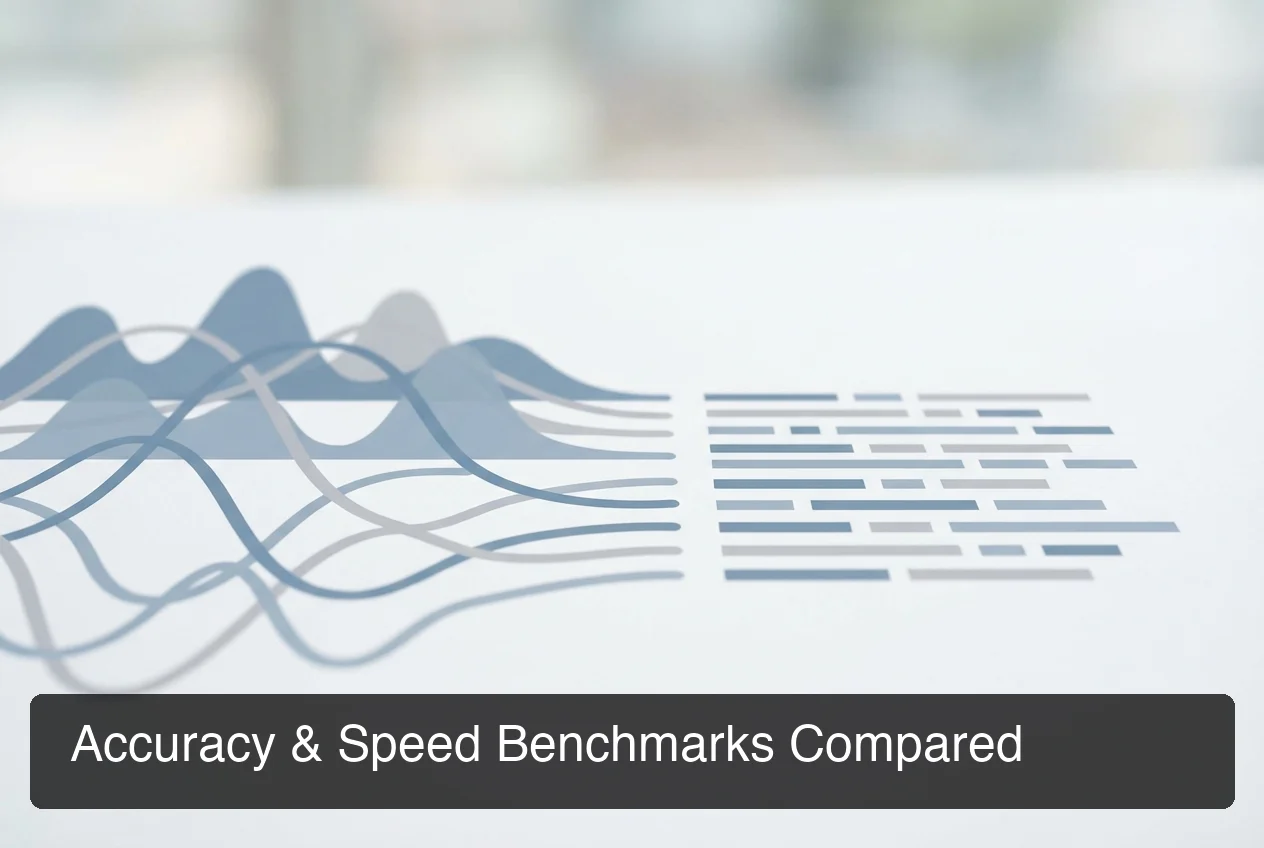 Abstract visualization of sound waves converting to text, minimal flat design, muted colors