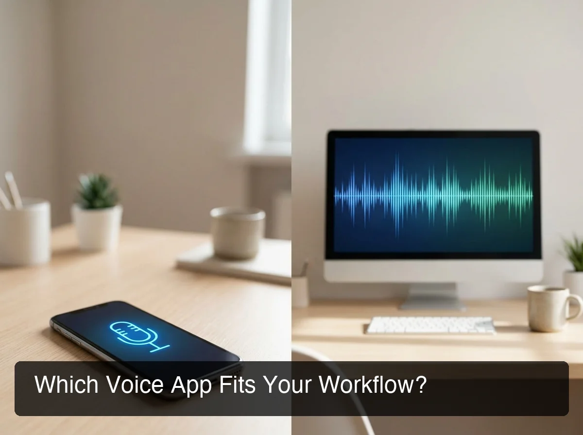 Clean side-by-side workspace — mobile device with microphone icon glowing, desktop with wave pattern equalizer