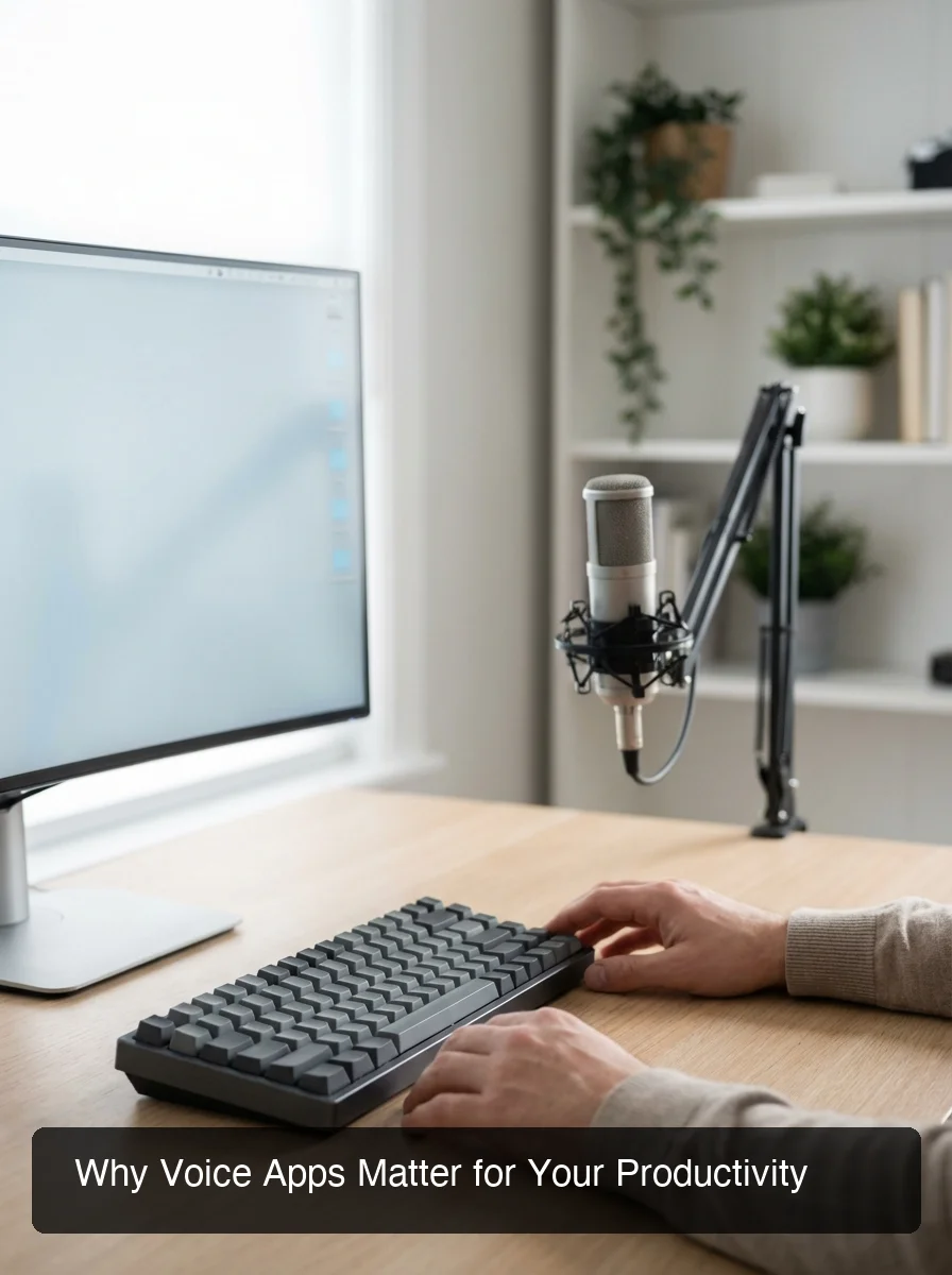 Modern minimalist desk setup with keyboard, microphone, monitor — user centered, professional environment