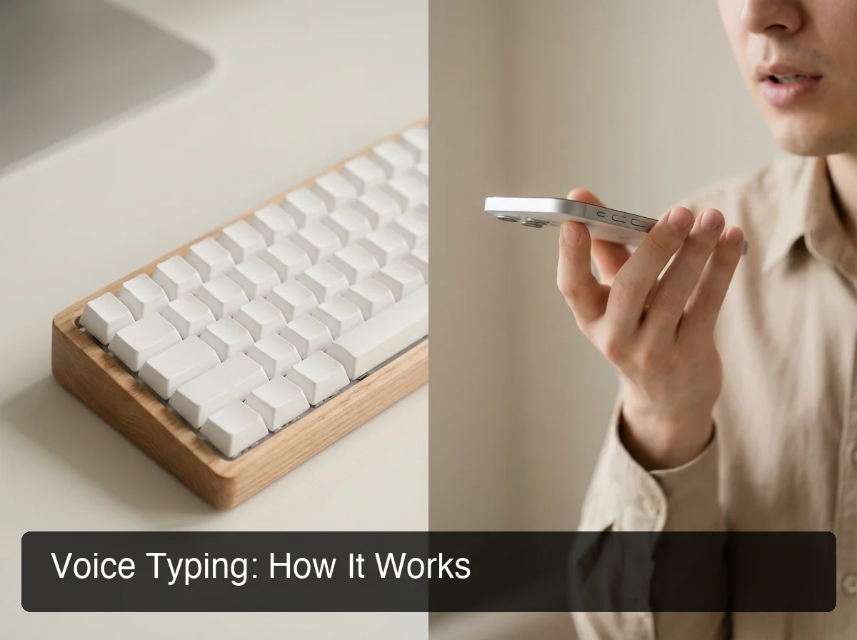 Split-view comparison of keyboard and person speaking into smartphone, neutral minimalist background