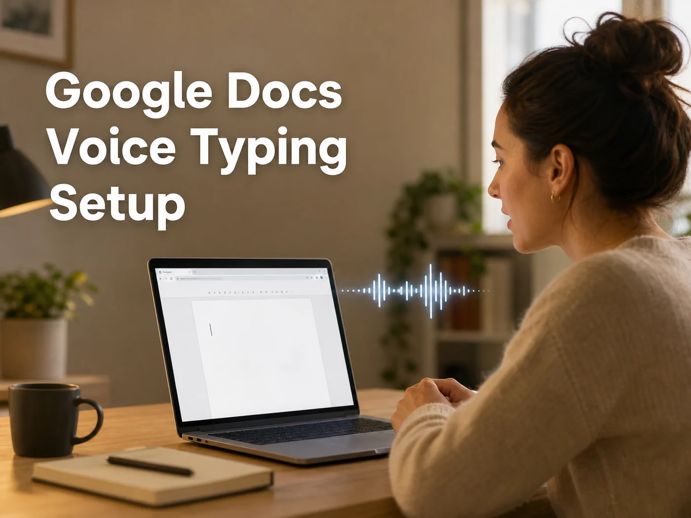 Person dictating into a blank Google Docs page in Chrome with a voice waveform beside the screen