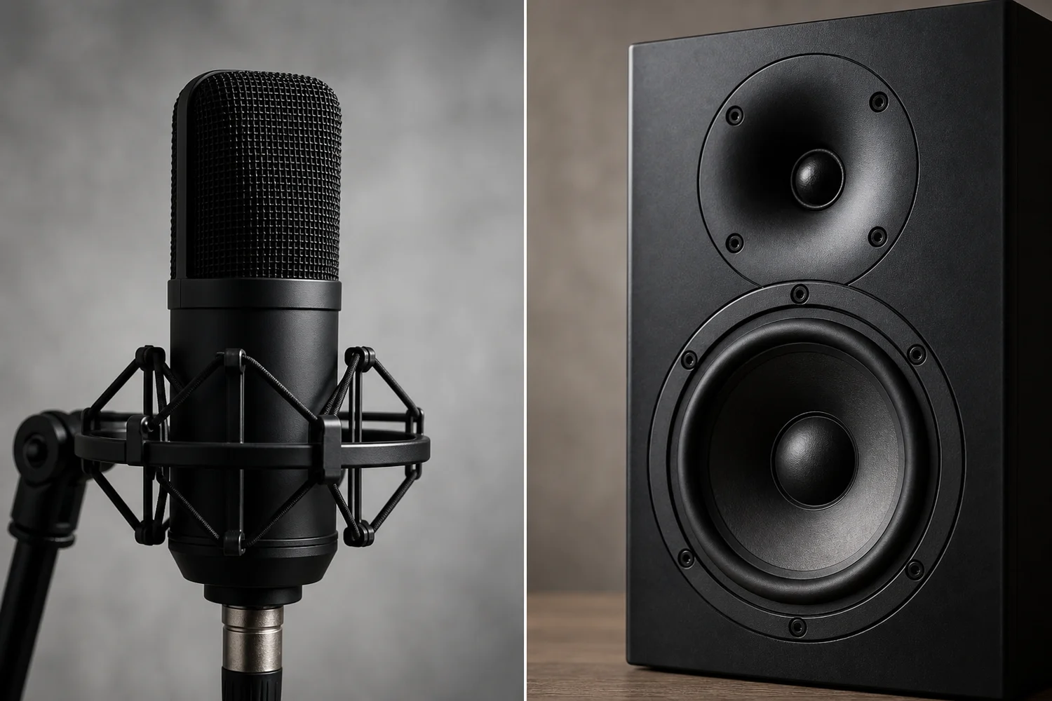 Studio microphone and loudspeaker side by side, representing voice-to-text versus text-to-speech