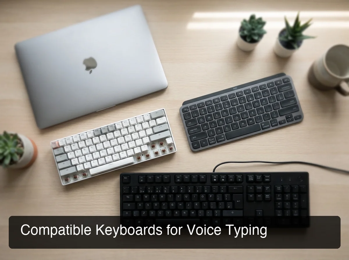 Flat lay of different keyboard types compatible with voice typing