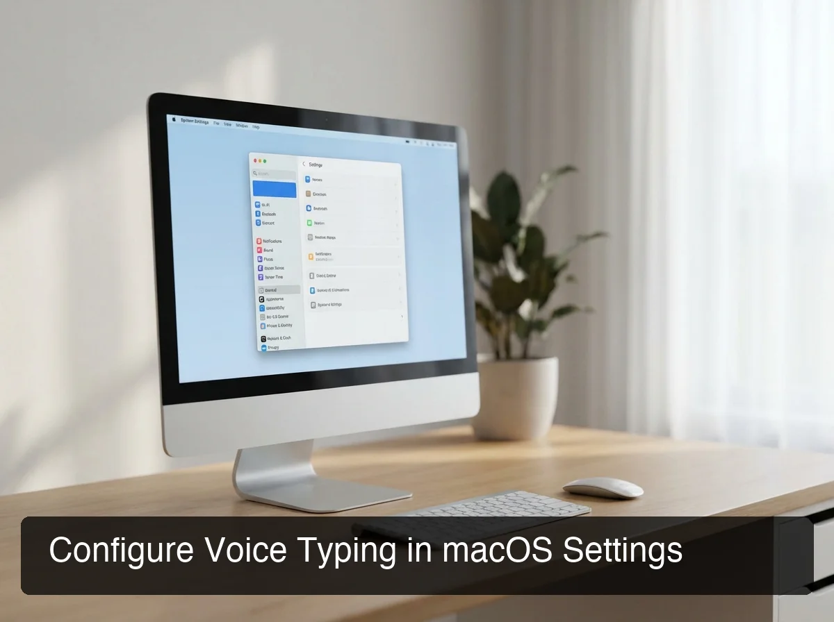 BossAI mac voice dictation settings showing macOS Keyboard settings panel, professional office workspace with Mac monitor and soft lighting