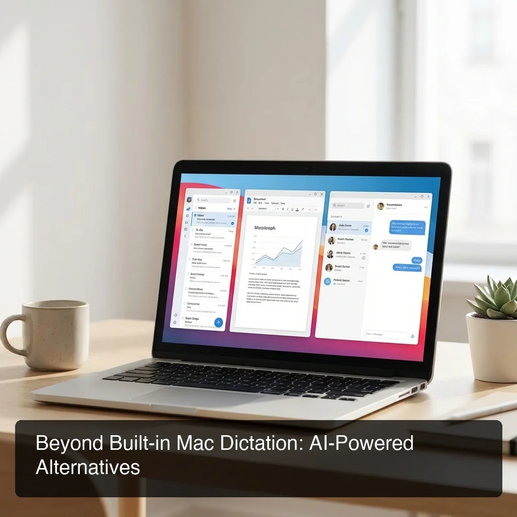 BossAI comparing voice typing tools and alternatives, laptop showing multiple productivity apps mail docs messages side-by-side