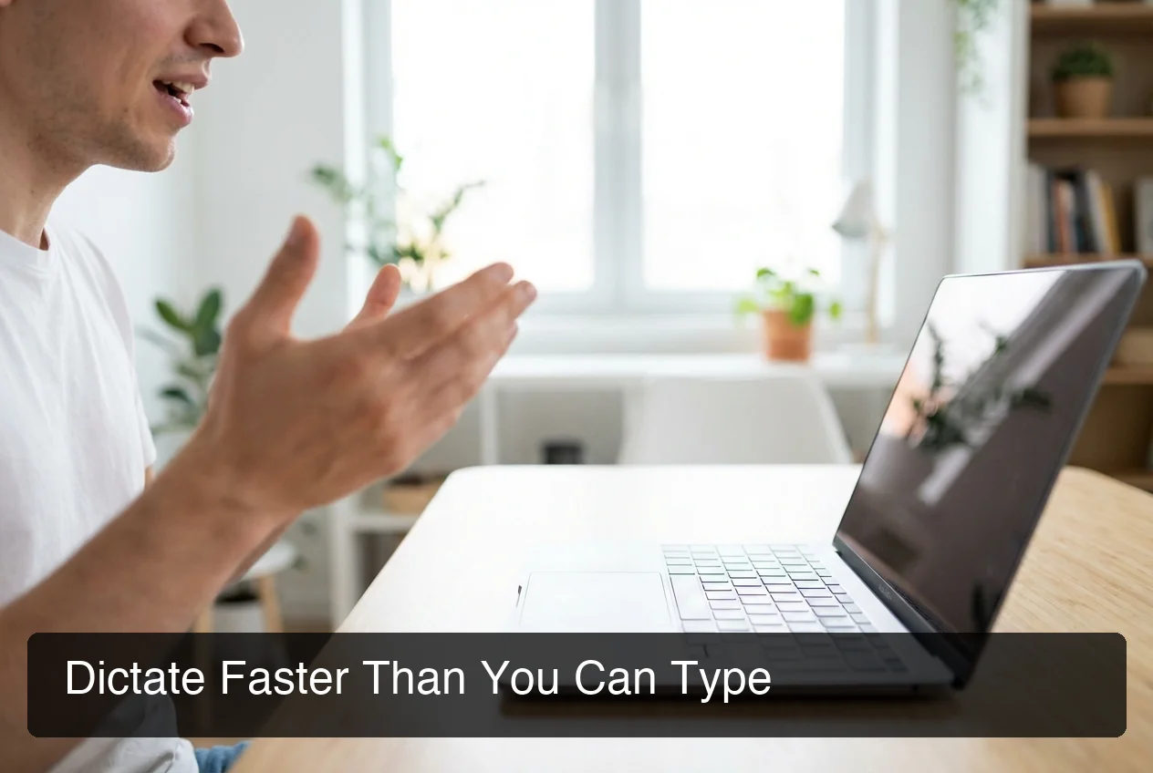 Person using voice input hands-free at Mac laptop, productivity workspace, motion implied showing active dictation