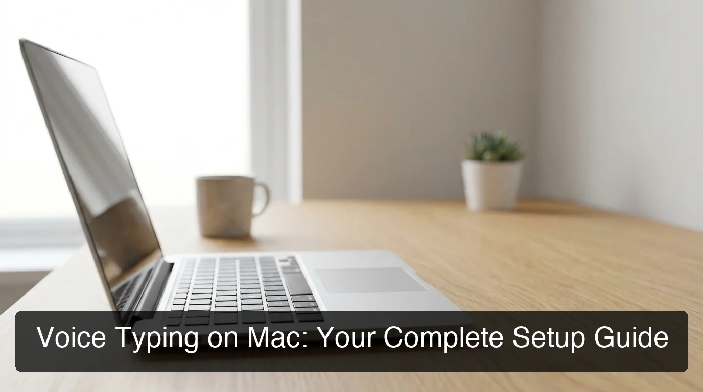 BossAI voice typing mac showing MacBook on wooden desk with keyboard in focus, clean minimal setup