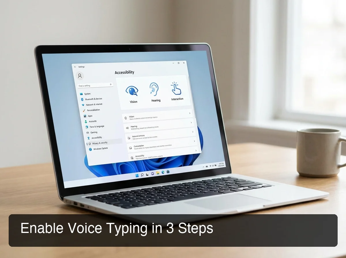 BossAI windows 11 speech to text settings page with Accessibility voice typing toggle enabled