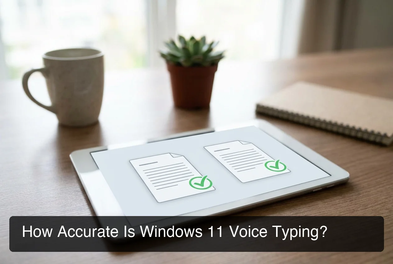 Windows 11 voice input accuracy comparison showing raw dictation versus BossAI AI-enhanced voice typing output