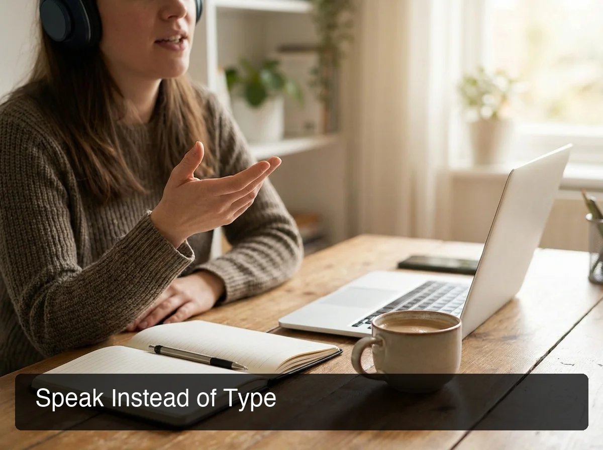 voice to text note taker in use at a desk with headphones and a laptop
