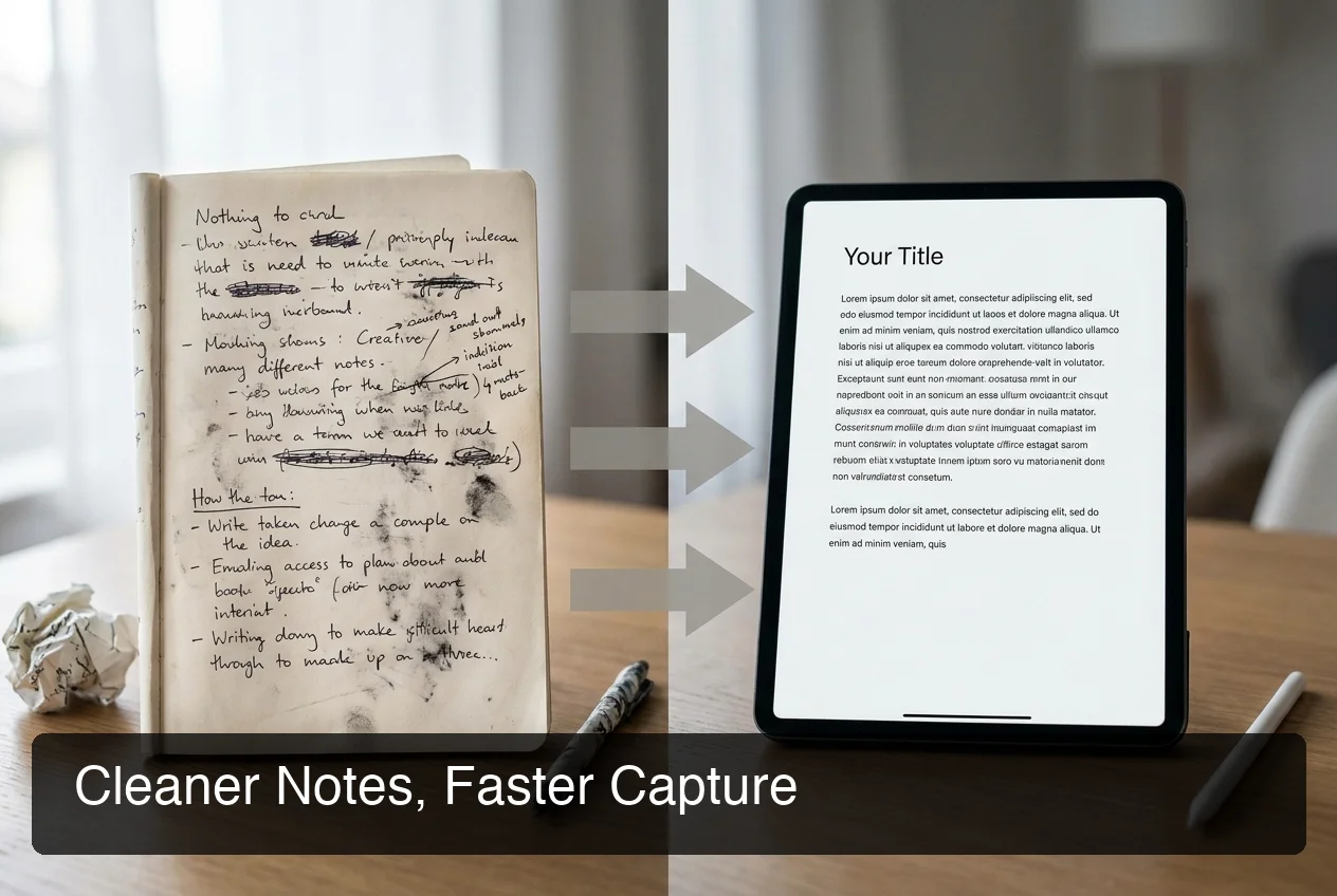 voice texting comparison showing messy handwritten notes next to clean AI-generated text