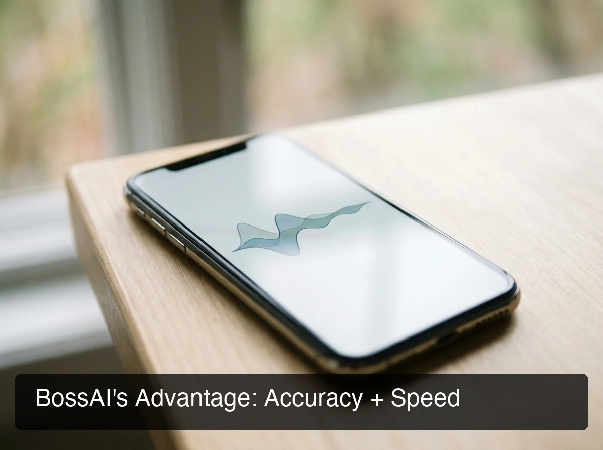 BossAI feature comparison showing voice-input interface with accuracy and speed advantage