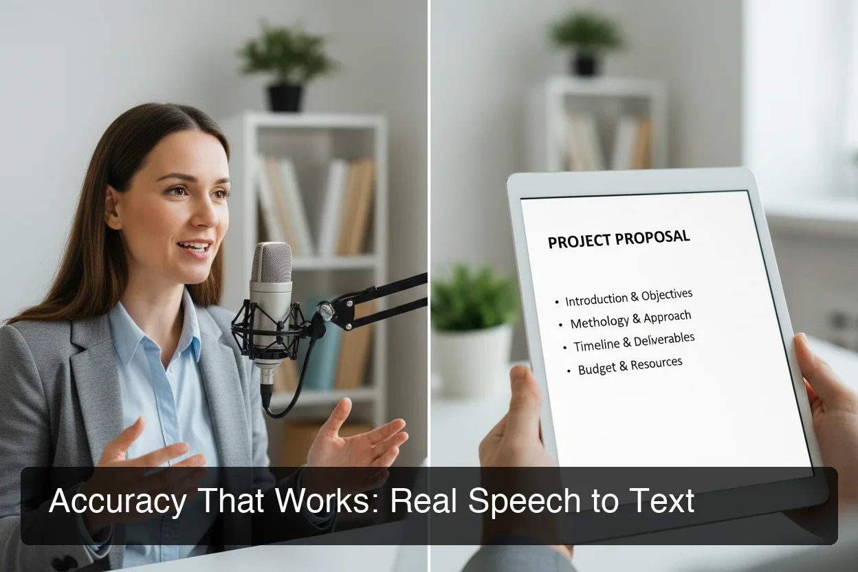 Windows 11 dictation speech to text accuracy comparison showing raw vs AI-enhanced output