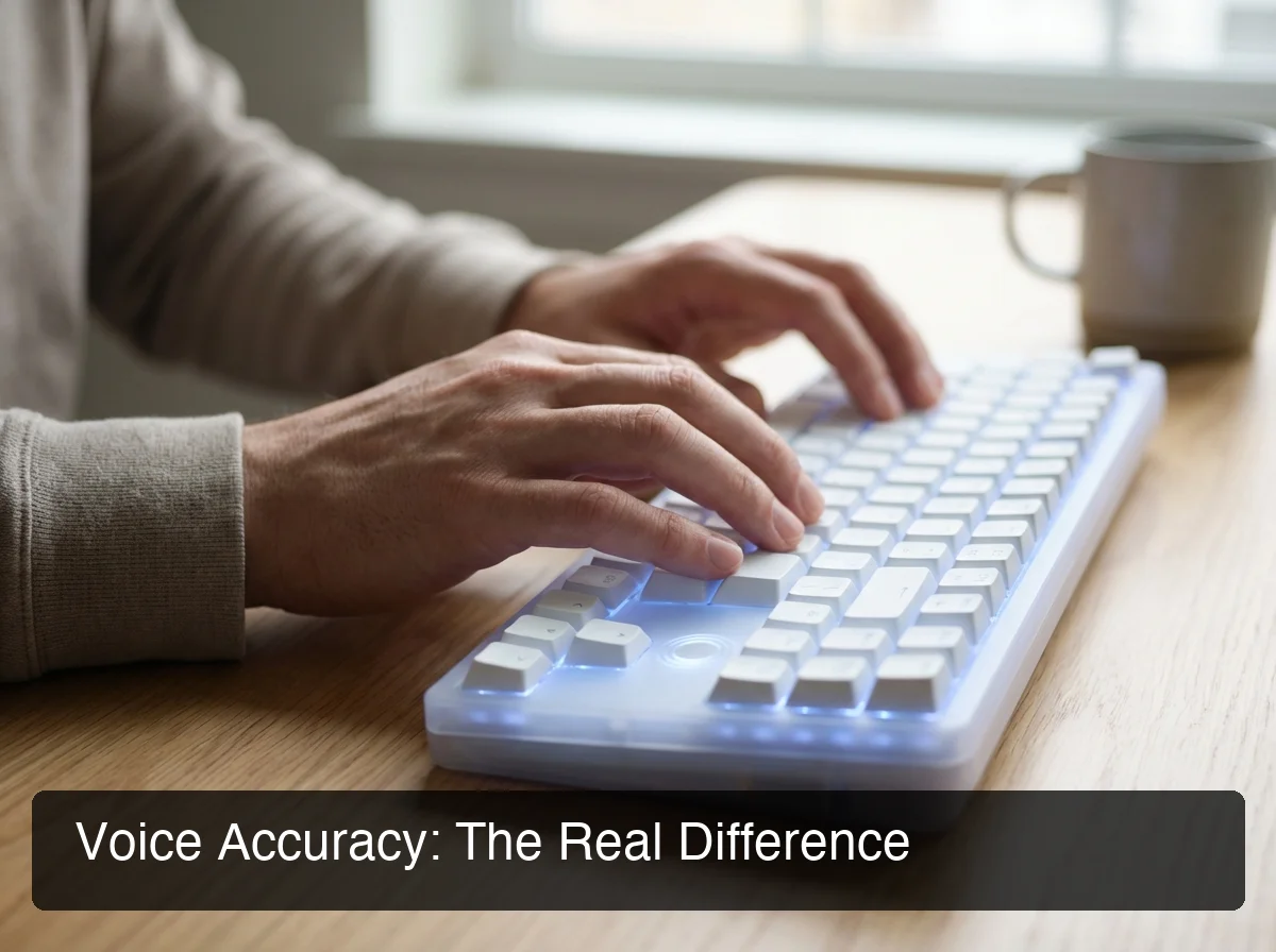 BossAI voice typing comparison — close-up of smooth voice input on modern keyboard with glowing accent lighting, clean tech aesthetic