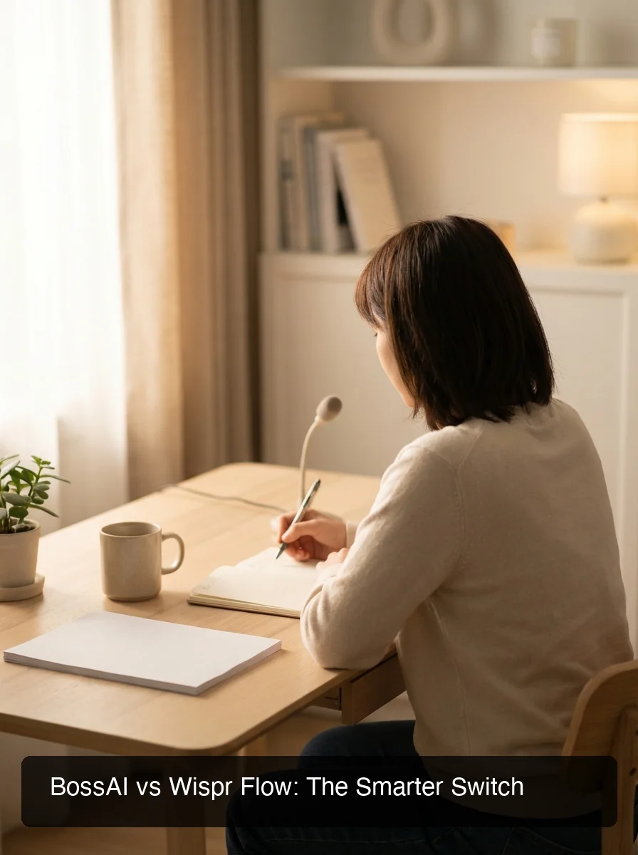 BossAI vs wisprflow — person at desk focused on productive writing with voice, warm lighting, no screen UI visible