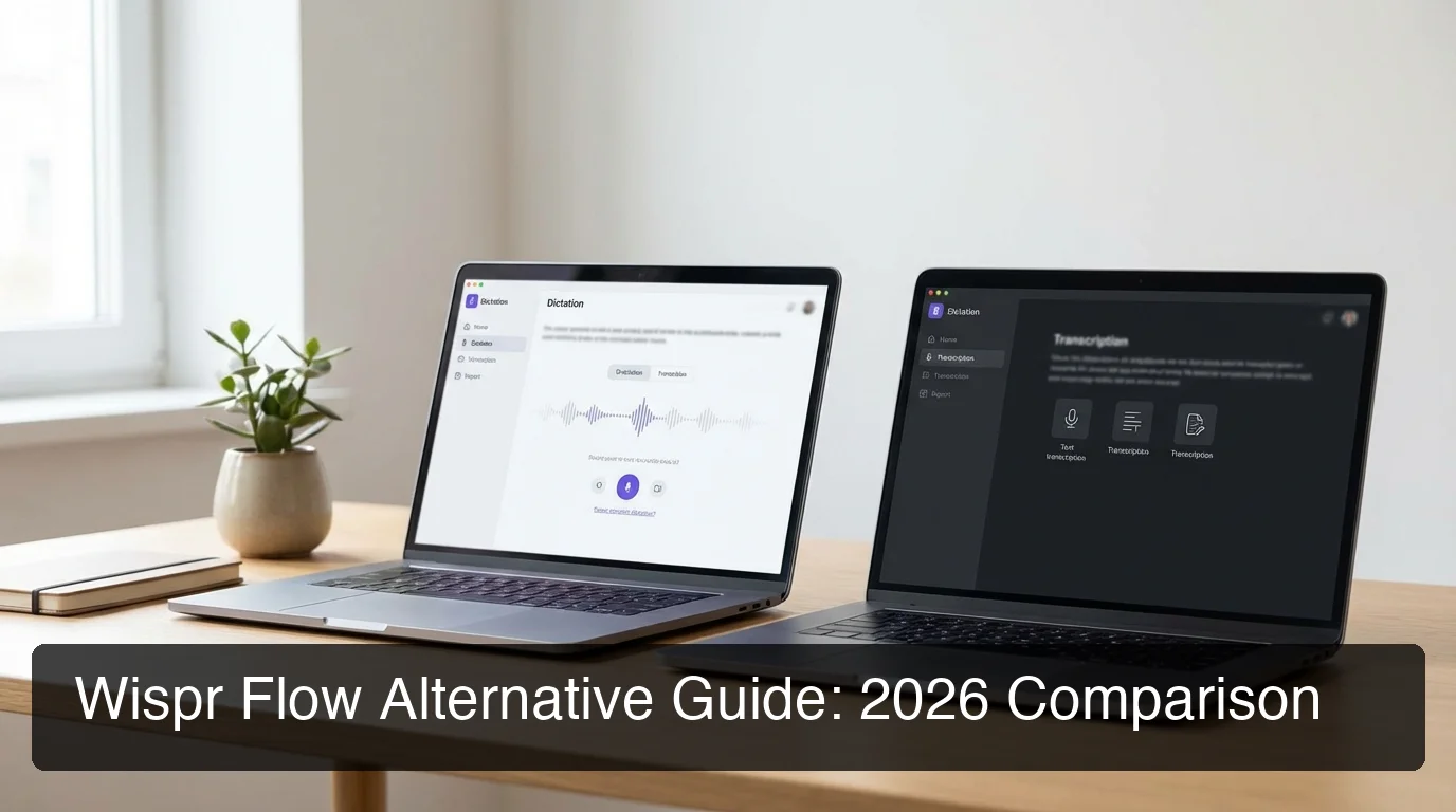 BossAI wispr flow alternative comparison overview — split-screen desk setup with two laptops showing different dictation software interfaces