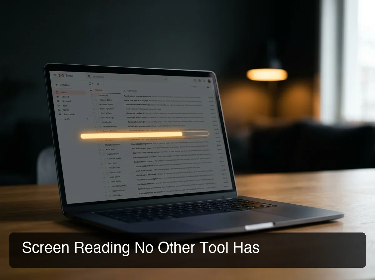 BossAI Boss Mode screen reading feature — laptop with a reading scan icon across email content, warm accent color highlight