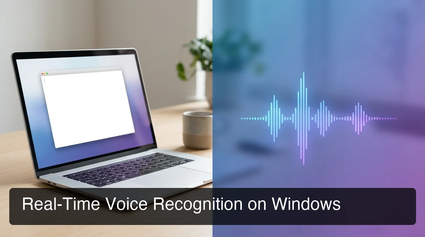 Real-time voice recognition on Windows showing split-screen with voice waveform and AI text output