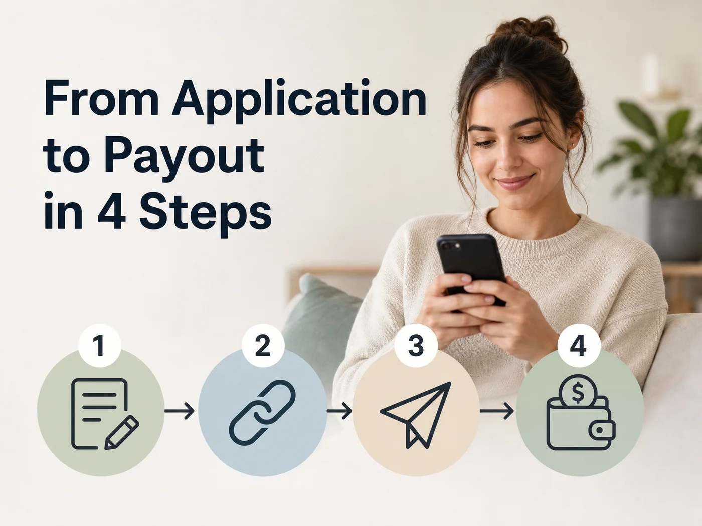 Wispr Flow affiliate program steps from application to payout shown as four numbered icons