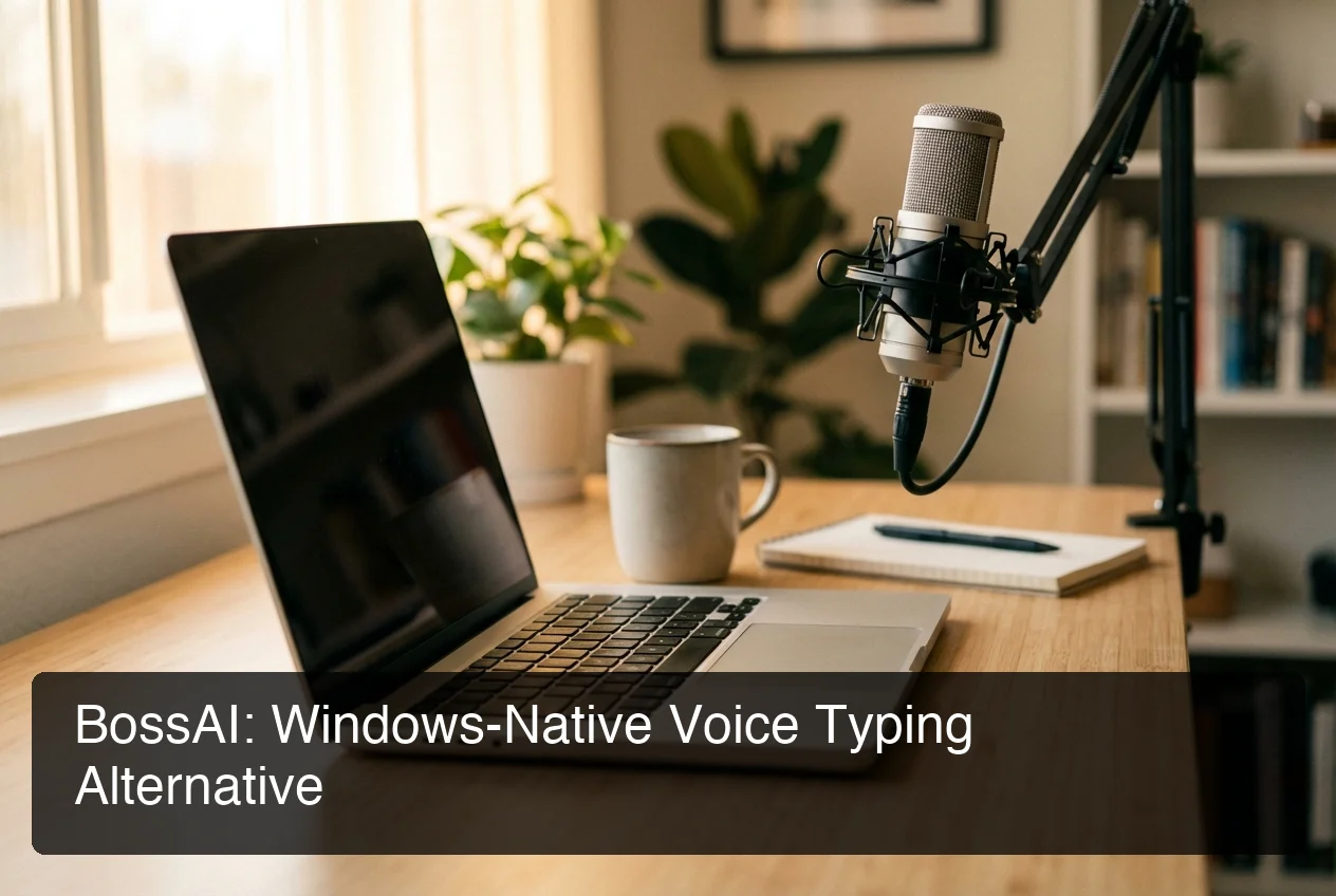 Modern productivity setup with a laptop keyboard and external microphone on a clean desk, warm ambient lighting, professional home office, shallow depth of field