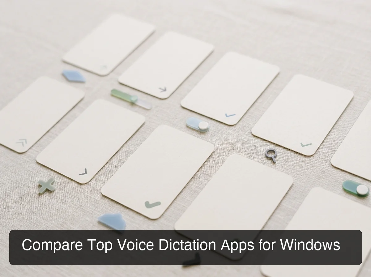 Clean abstract flat-lay of comparison cards arranged on a neutral surface, scattered UI elements, soft lighting