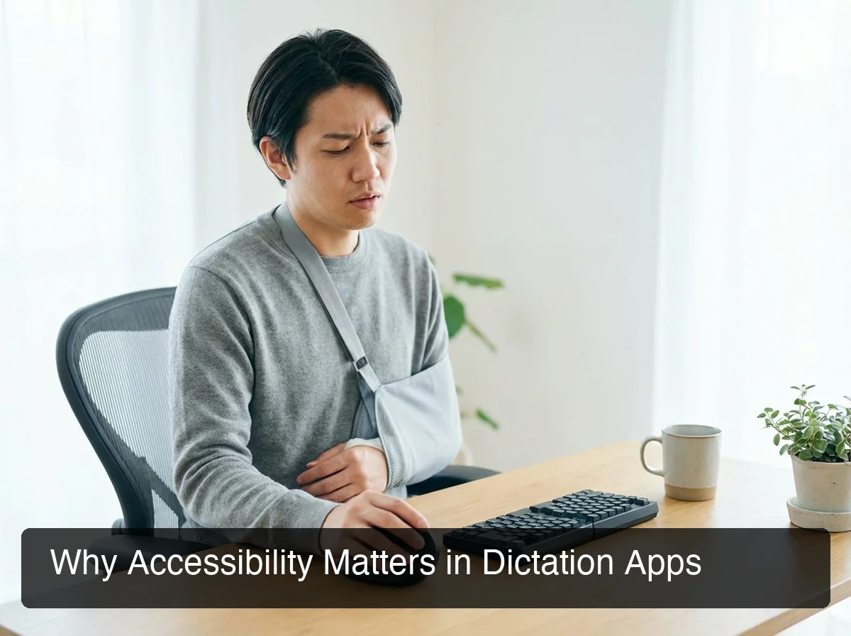 Empathetic accessibility scene showing a one-handed user at a clean desk setup with ergonomic consideration, warm soft lighting