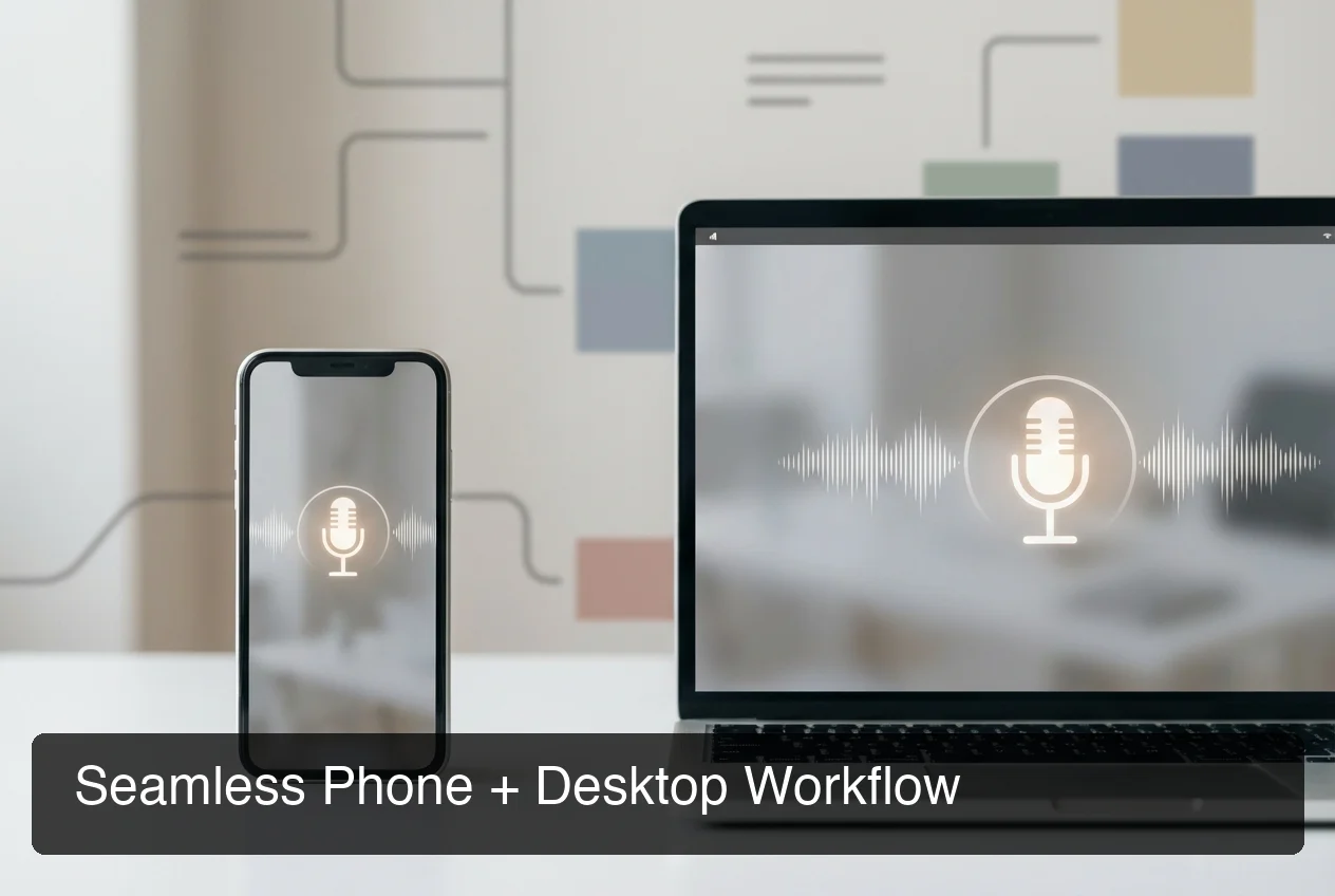 Mobile and desktop screens side by side showing voice input workflow, clean minimal environment, no visible UI text, professional lighting