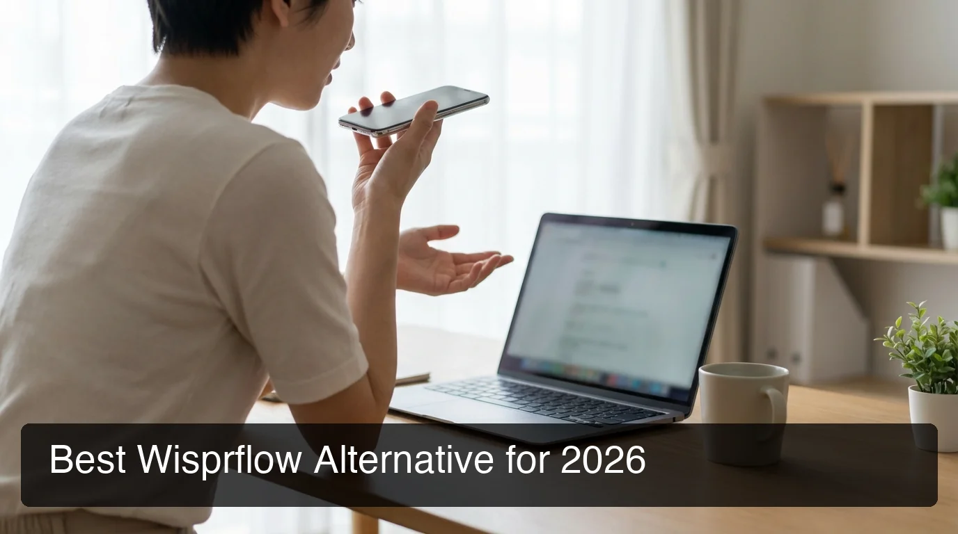 Person using voice dictation on laptop and phone at a bright minimalist workspace, natural daylight