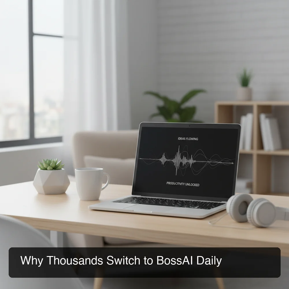Home office scene with clean desk, laptop showing dictation in action, relaxed productive atmosphere, clean minimal soft lighting, shallow depth of field
