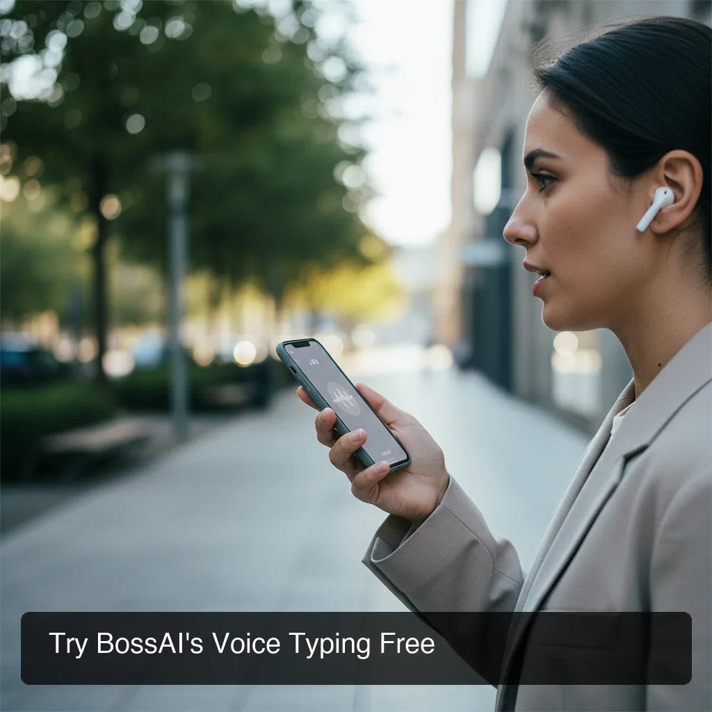 Person using voice typing on phone while commuting outdoors, active dictation scenario, clean minimal soft lighting, shallow depth of field