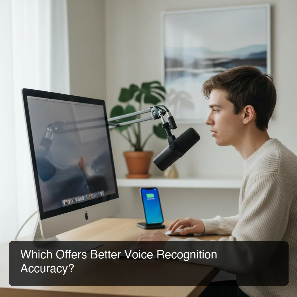 Modern desk setup with Mac and iPhone, person speaking into microphone, professional, clean minimal soft lighting, shallow depth of field