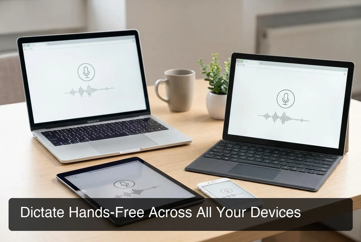BossAI hands-free typing wrist pain — iPhone, iPad, MacBook, and Windows laptop showing dictation interface, clean product aesthetic