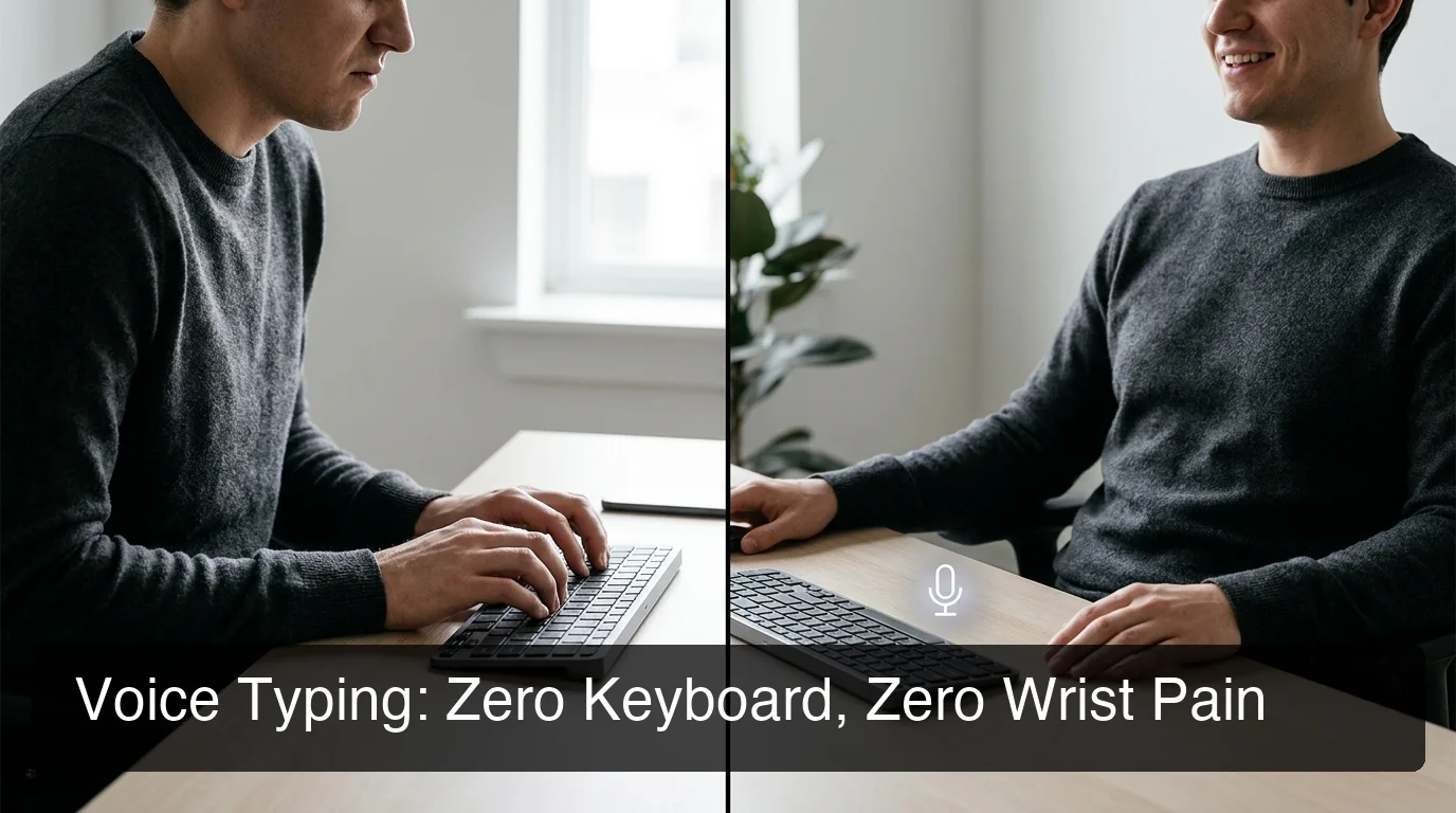 BossAI voice typing for wrist pain — split view showing painful keyboard typing on left, relaxed hands-free dictation on right, modern minimal design