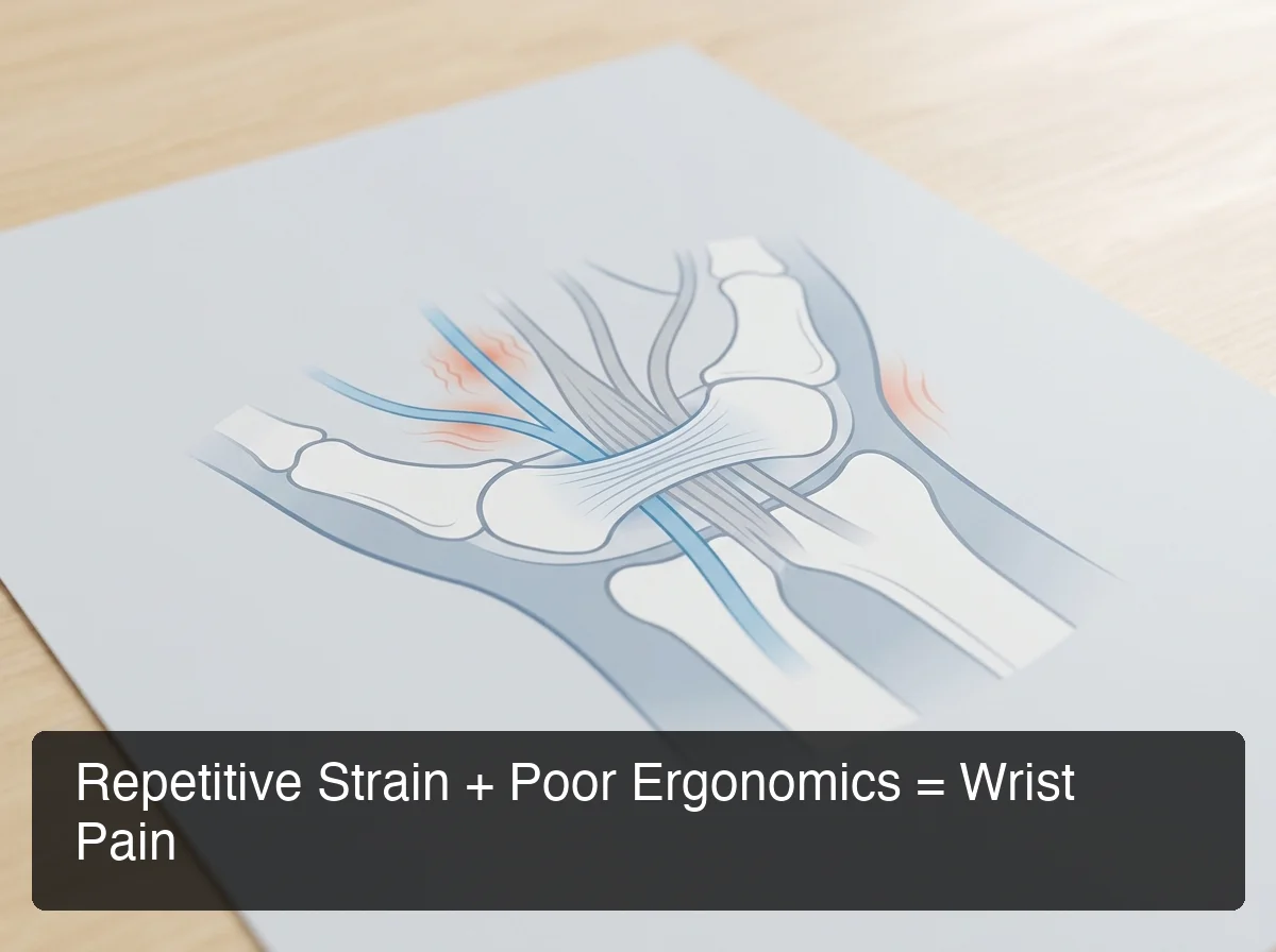 Wrist anatomy repetitive strain typing — medical illustration showing carpal tunnel nerve compression and tendon stress zones, muted blue and gray palette