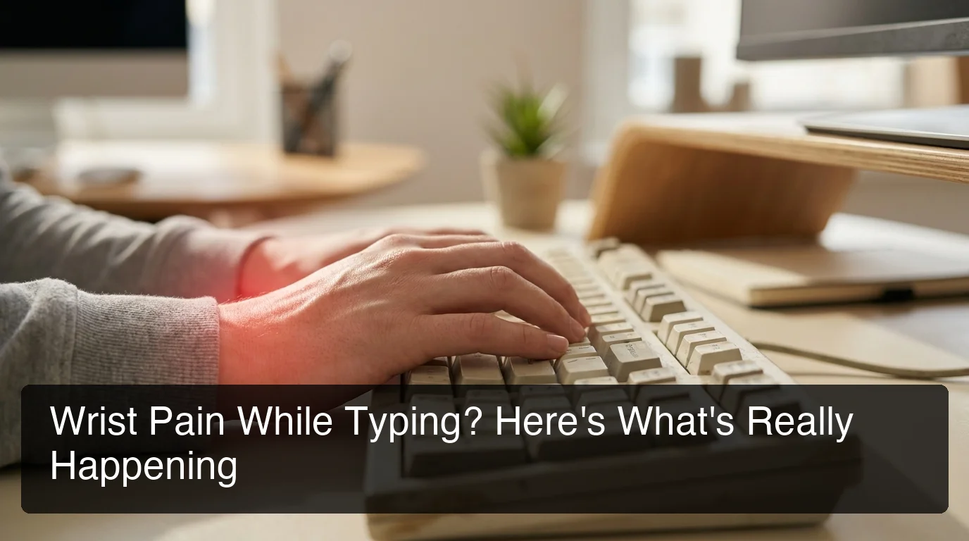 BossAI wrist hurts when typing — close-up of hand at keyboard with pain zone highlighted on wrist, ergonomic desk in soft focus background